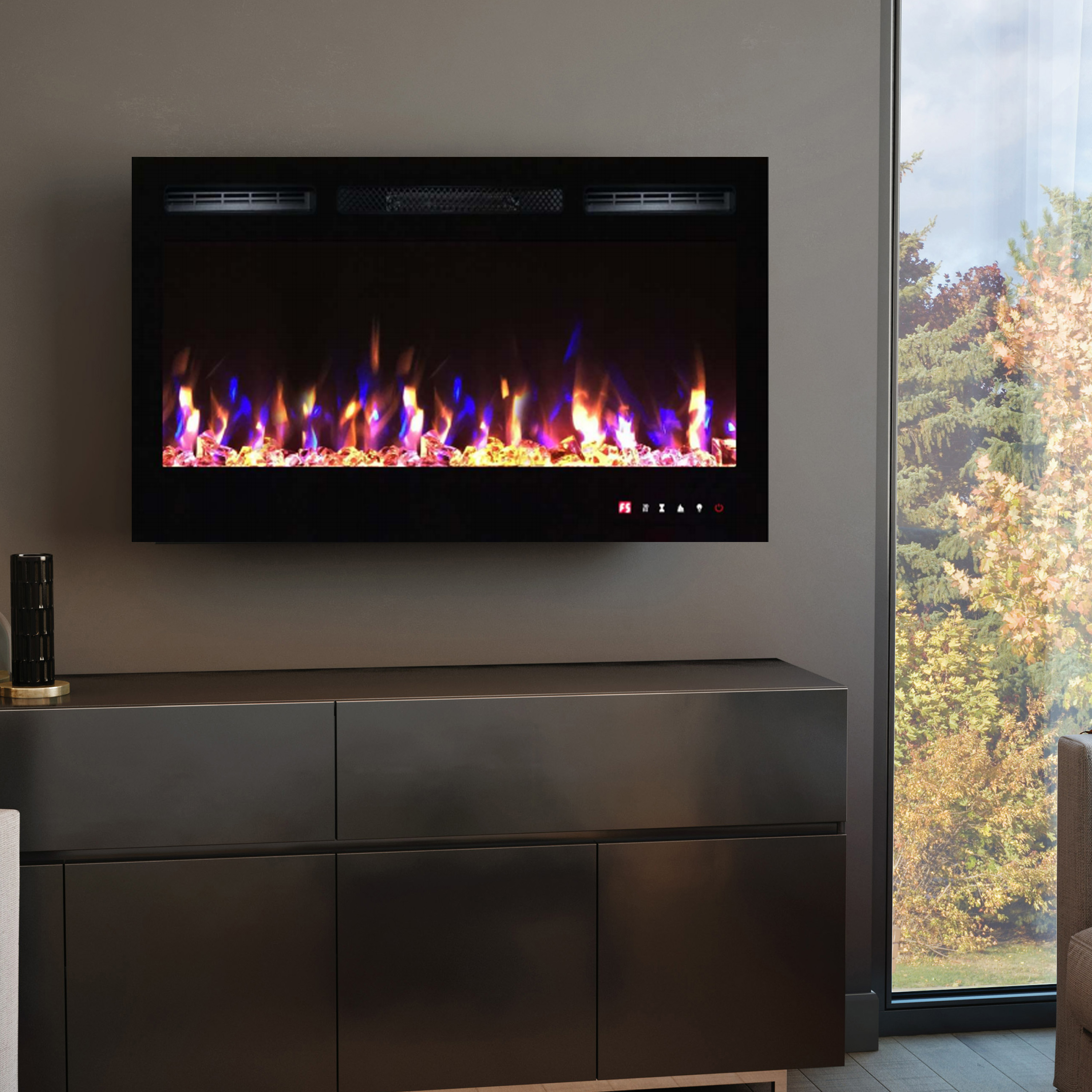 2019 New Premium Product 26inch Black Wall Mounted Electric Fire with 3 Colour Flames and can be Inserted ! Pebbles, Logs and Crystals
