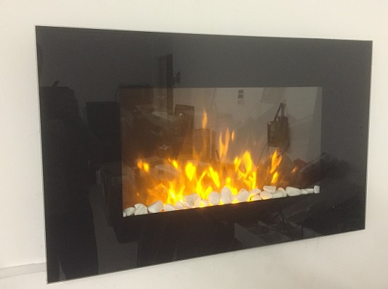 TruFlame Wall Mounted Flat Glass Electric Fire with Pebble Effect (90cm wide square corners) side view