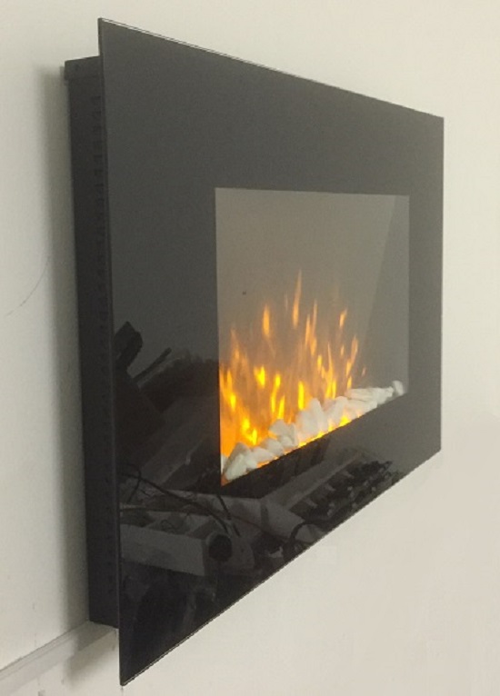 TruFlame Wall Mounted Flat Glass Electric Fire with Pebble Effect (90cm wide square corners) side on view