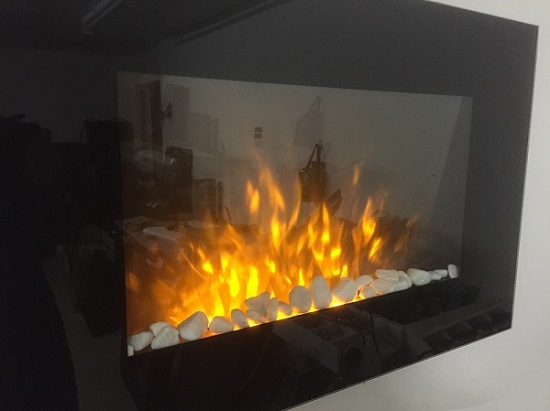 TruFlame Wall Mounted Flat Glass Electric Fire with Pebble Effect (90cm wide square corners) flame effect view