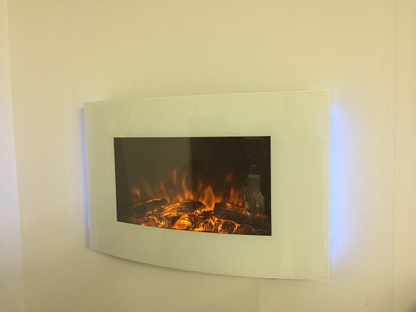 88cm wide arched white glass LED wall hung electric fire with log effect truflame