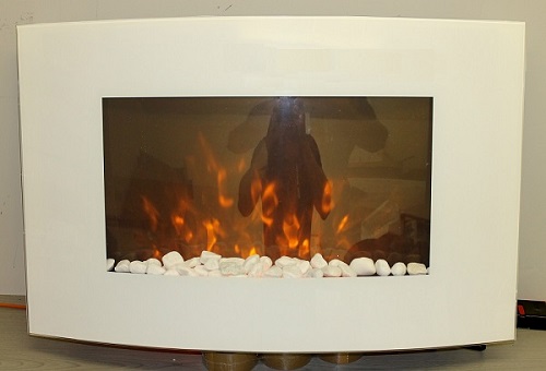 88cm wide curved white glass plasma wall mounted electric fire with pebble effect