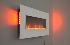 white wall mounted electric fire with side LEDs and truflame effect