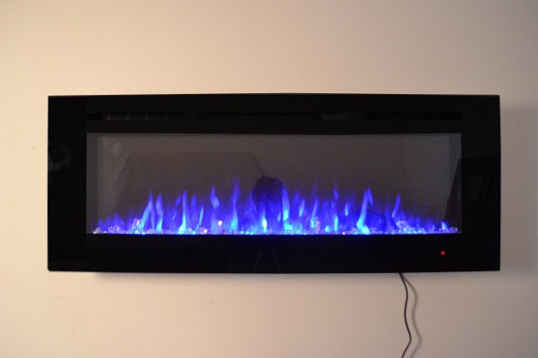 50inch Black Wall Mounted Electric Fire with 3 colour Flames crystals blue flames