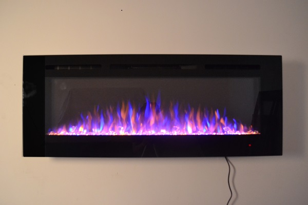 50inch Black Wall Mounted Electric Fire with 3 colour Flames crystals purple flames