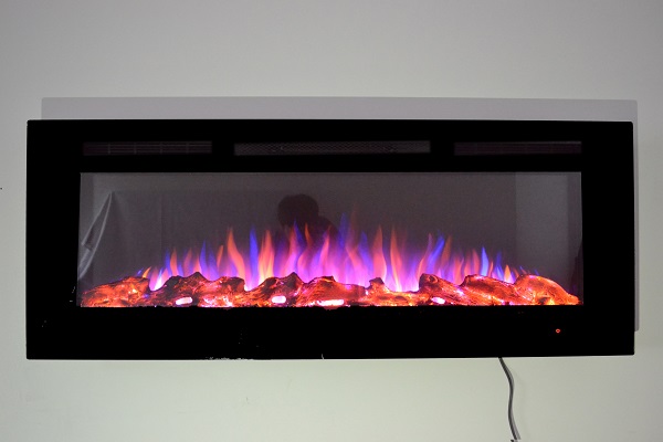 50inch Black Wall Mounted Electric Fire with 3 colour Flames logs purple flames