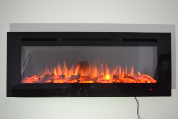 72inch large Black Wall Mounted Electric Fire with 3 colour Flames and can be inset logs and orange flames