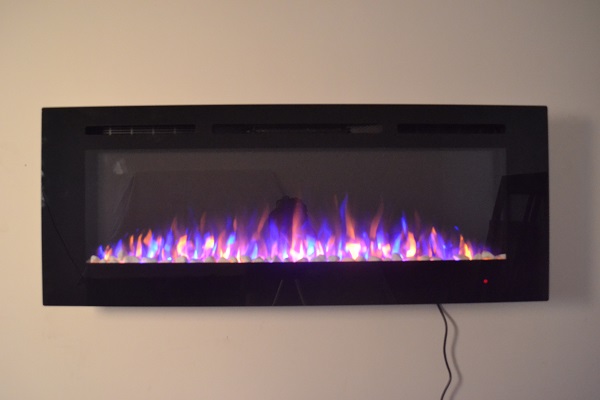 50inch Black Wall Mounted Electric Fire with 3 colour Flames pebbles purple flames