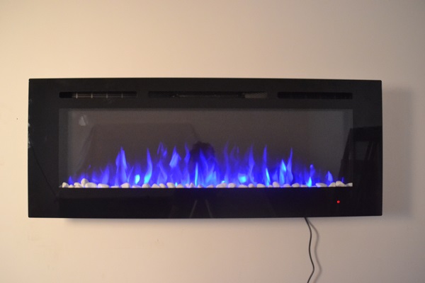 72inch large Black Wall Mounted Electric Fire with 3 colour Flames and can be inset pebbles and blue flames