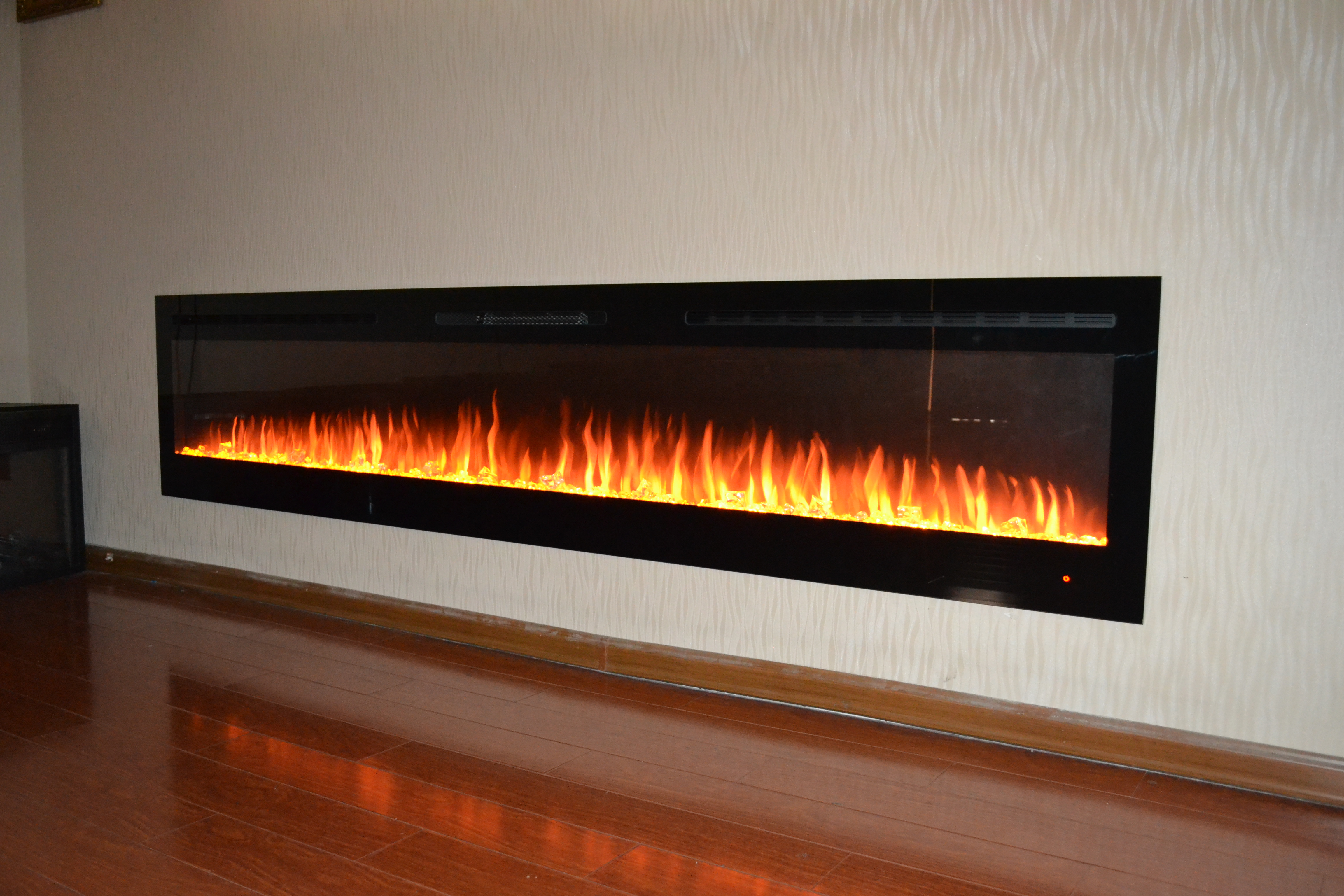 72inch large Black Wall Mounted Electric Fire with 3 colour Flames and can be inset crystals and orange flames