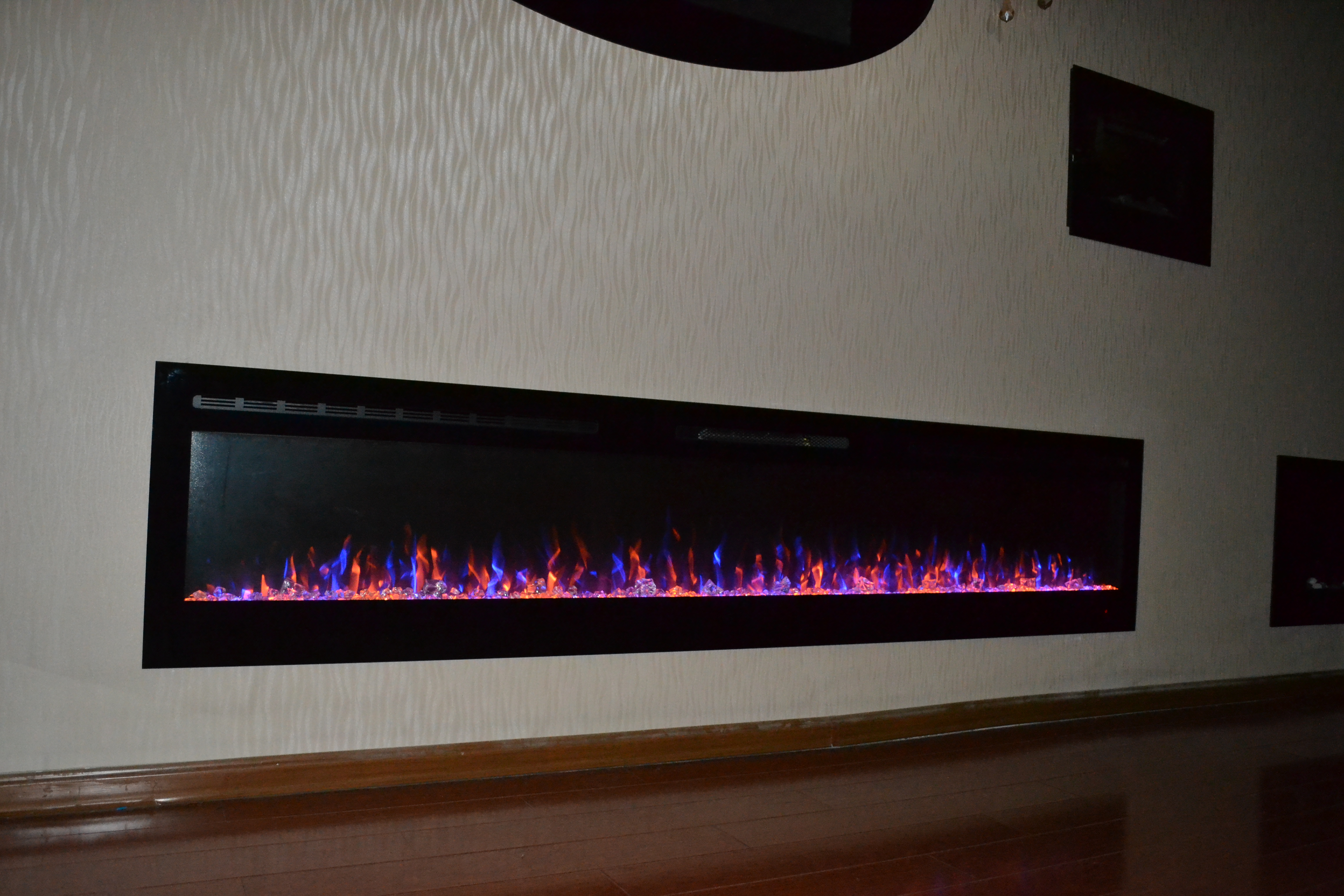 72inch large Black Wall Mounted Electric Fire with 3 colour Flames and can be inset crystals and purple flames