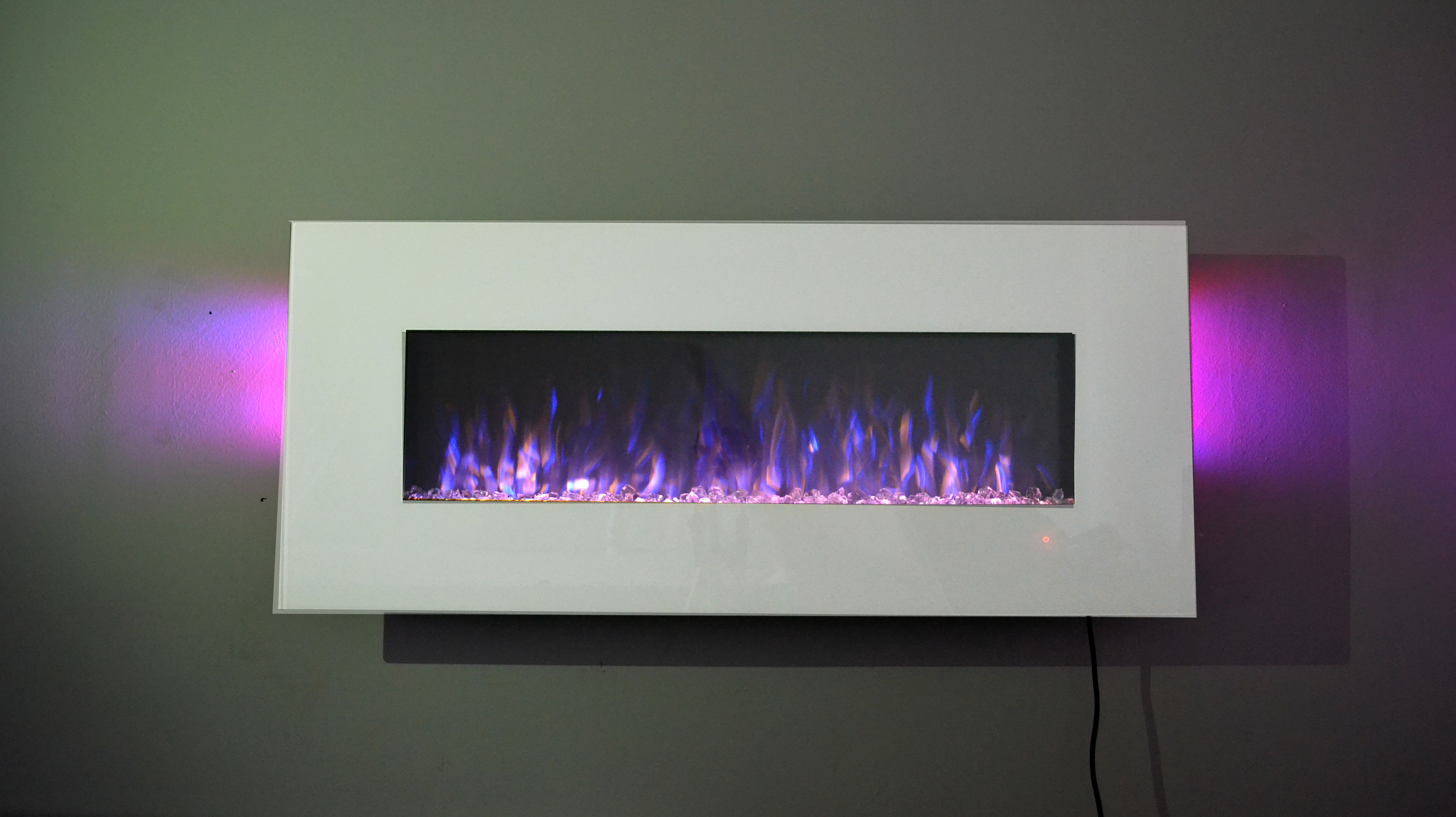 50inch White Wall Mounted Electric Fire with 10 colour Flames and side LEDs pink flame