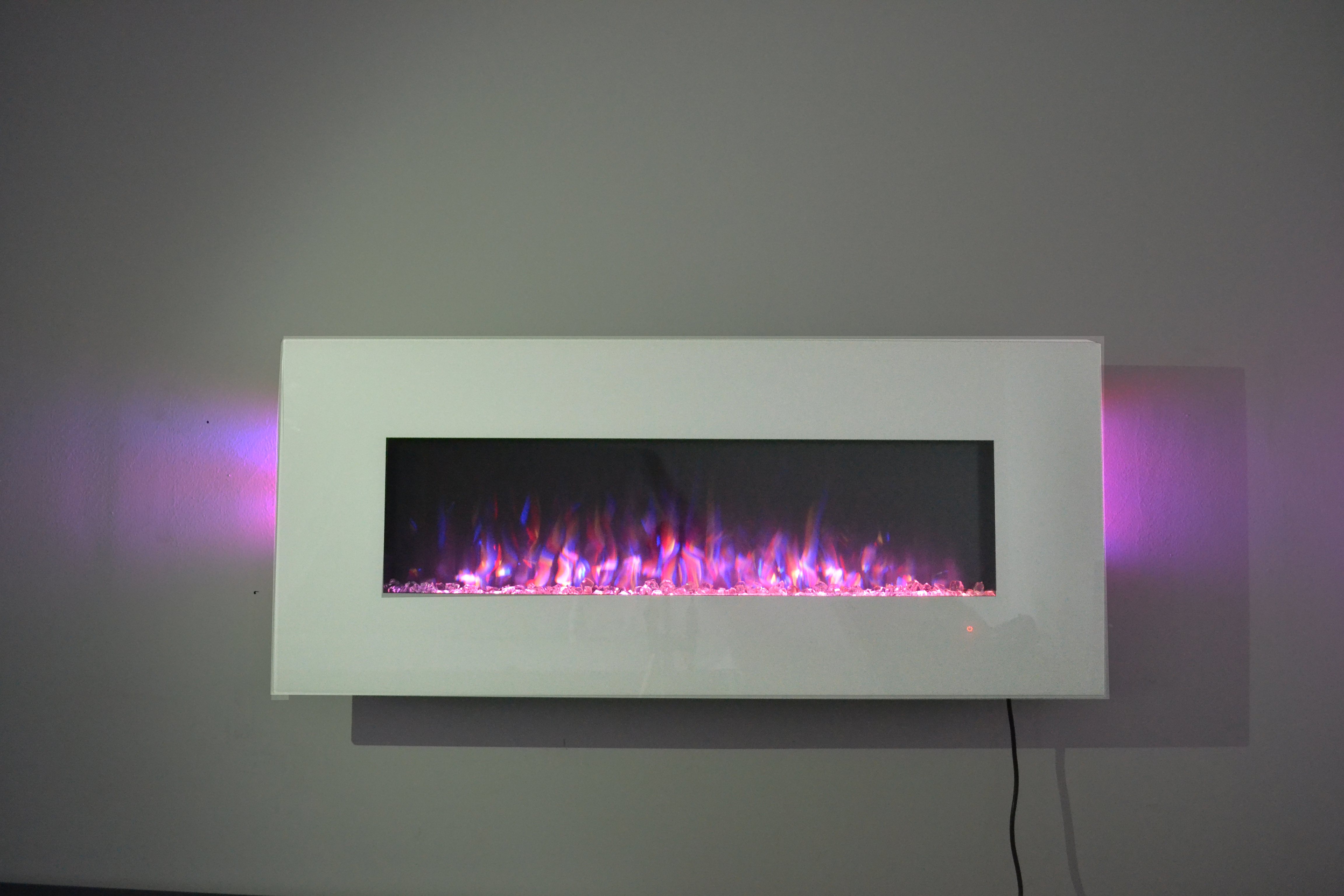 50inch White Wall Mounted Electric Fire with 10 colour Flames and side LEDs dark pink flame