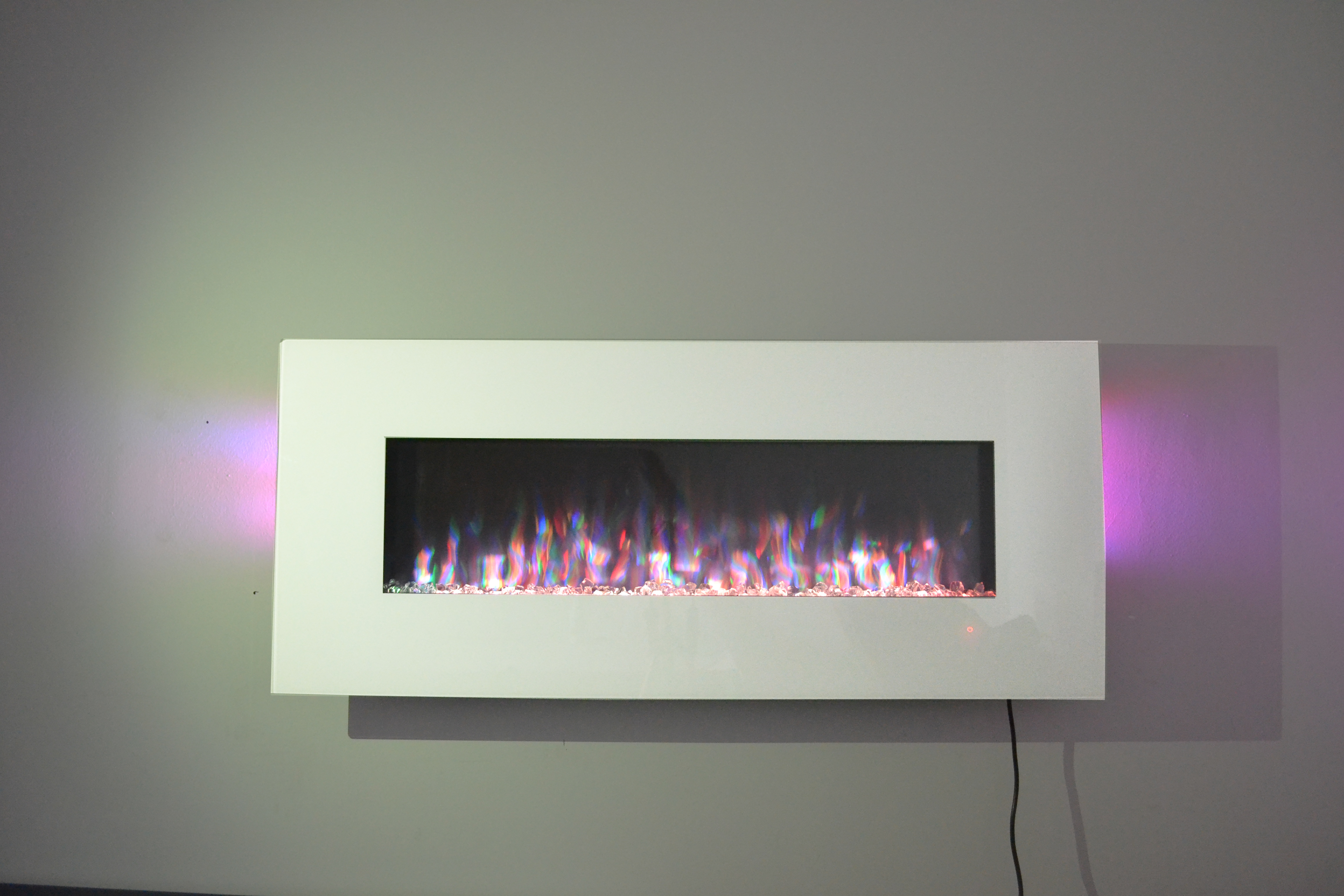 50inch White Wall Mounted Electric Fire with 10 colour Flames and side LEDs light orange flame