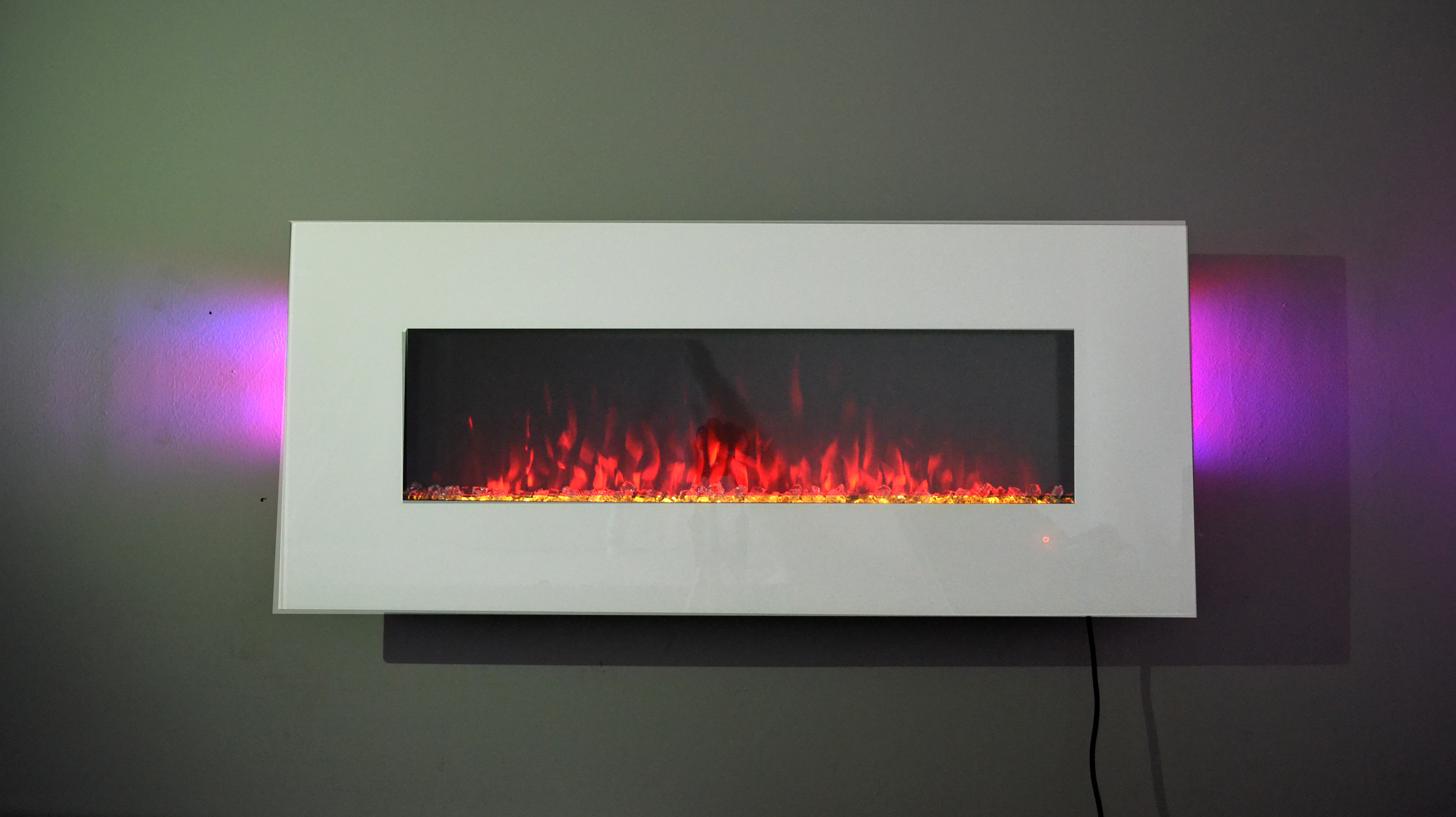 50inch White Wall Mounted Electric Fire with 10 colour Flames and side LEDs red flame