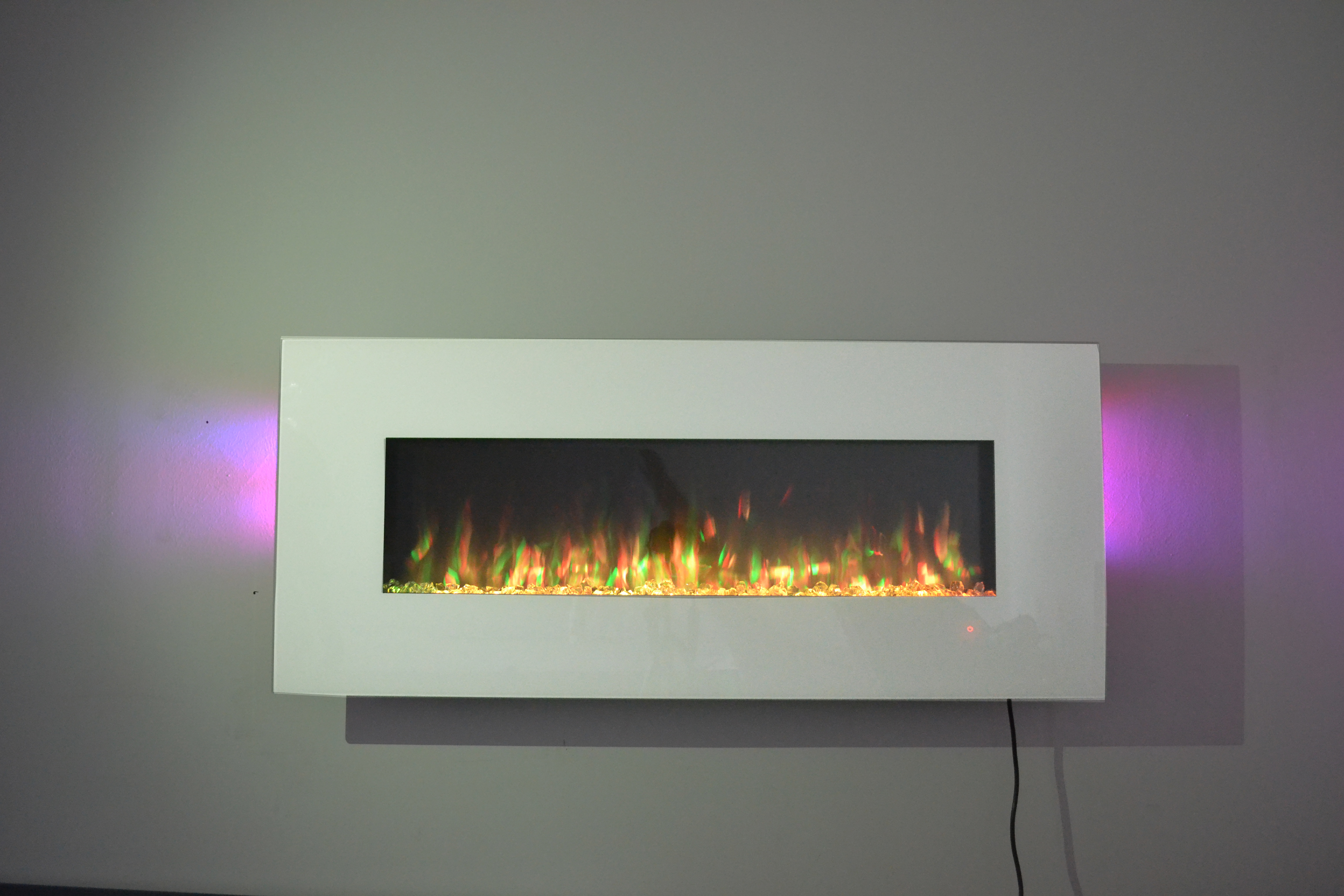 50inch White Wall Mounted Electric Fire with 10 colour Flames and side LEDs yellow flame