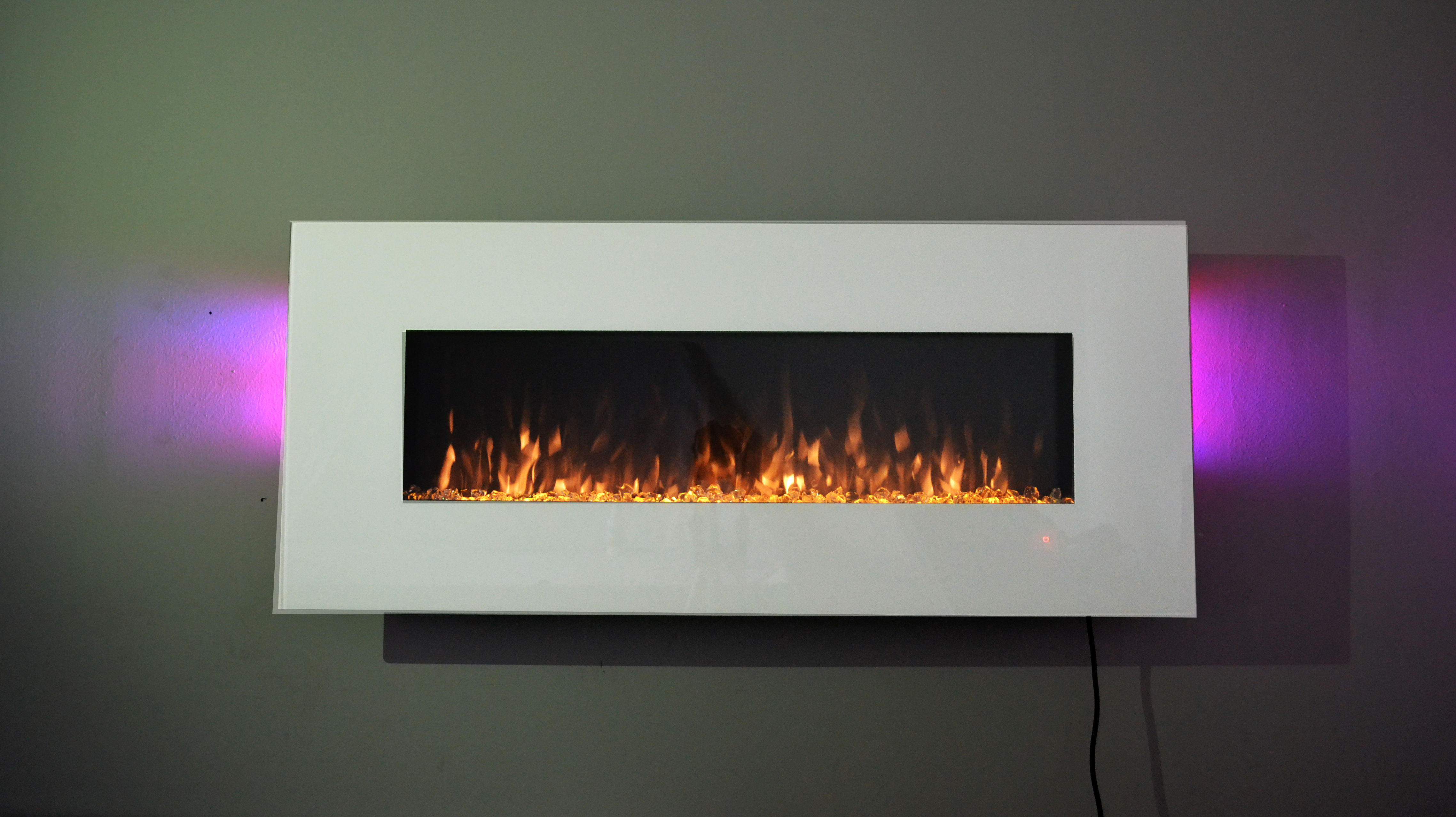 50inch White Wall Mounted Electric Fire with 10 colour Flames and side LEDs orange flame