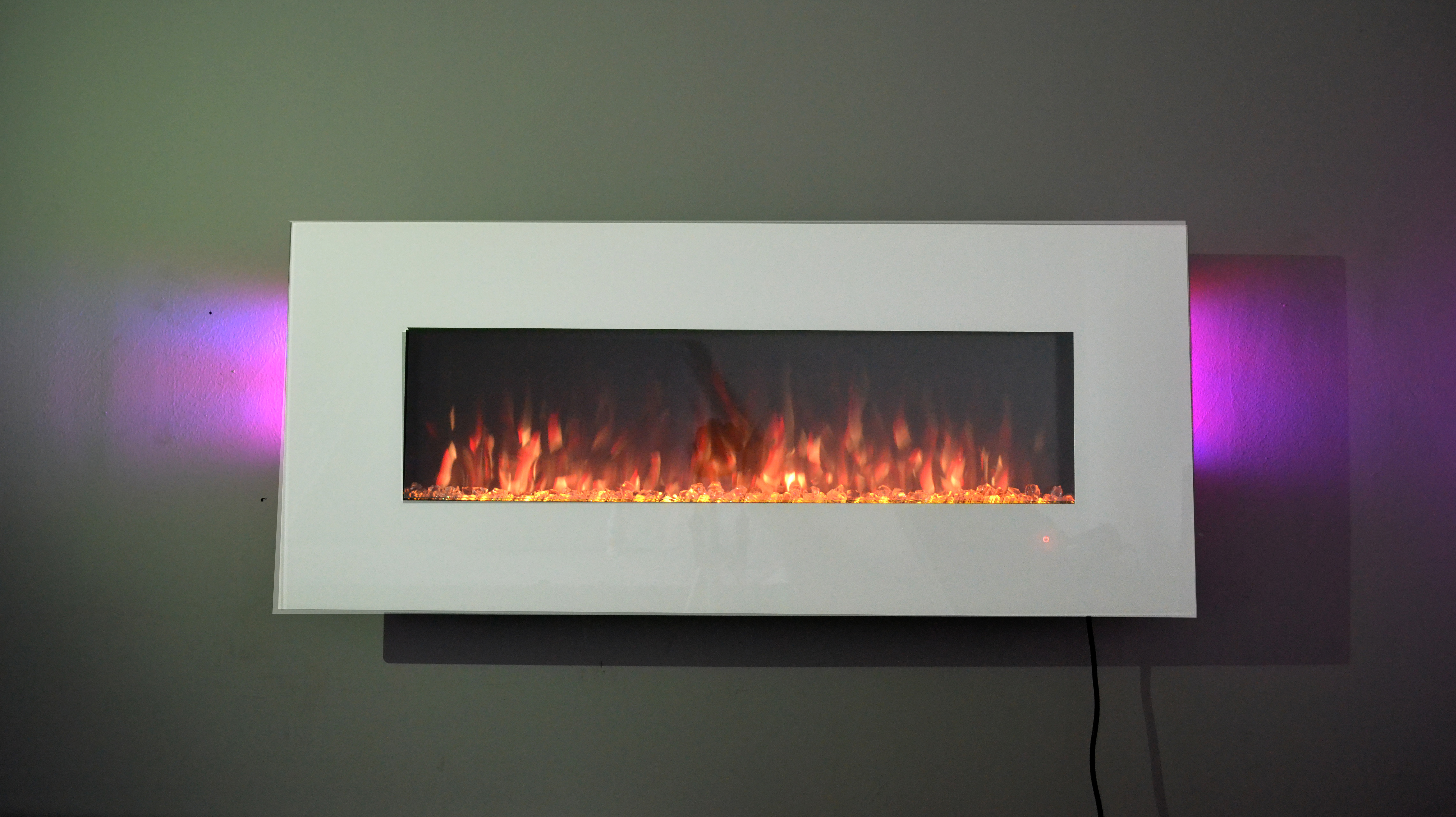 50inch White Wall Mounted Electric Fire with 10 colour Flames and side LEDs crystals orange flames