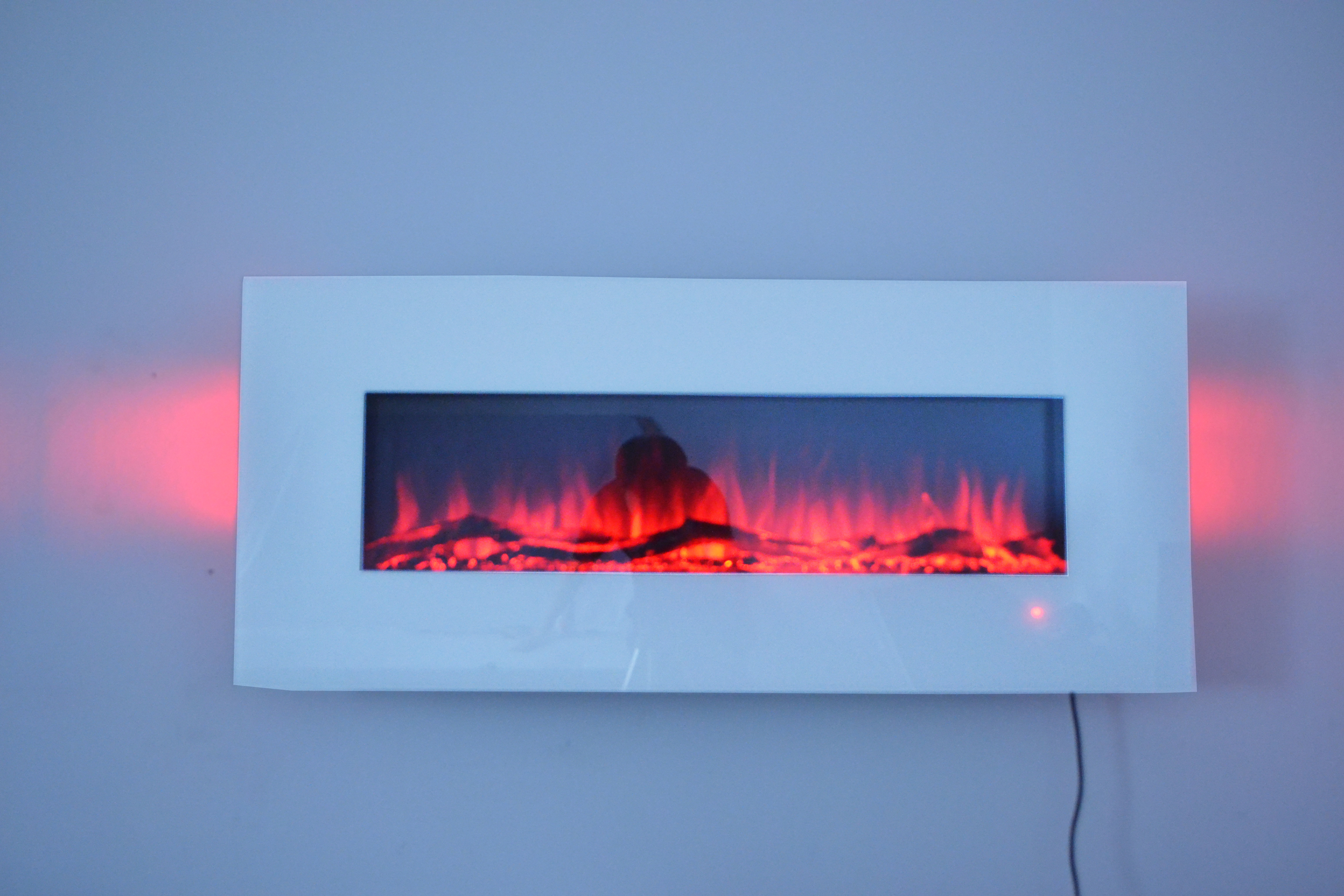 50inch White Wall Mounted Electric Fire with 10 colour Flames and side LEDs log orange flames