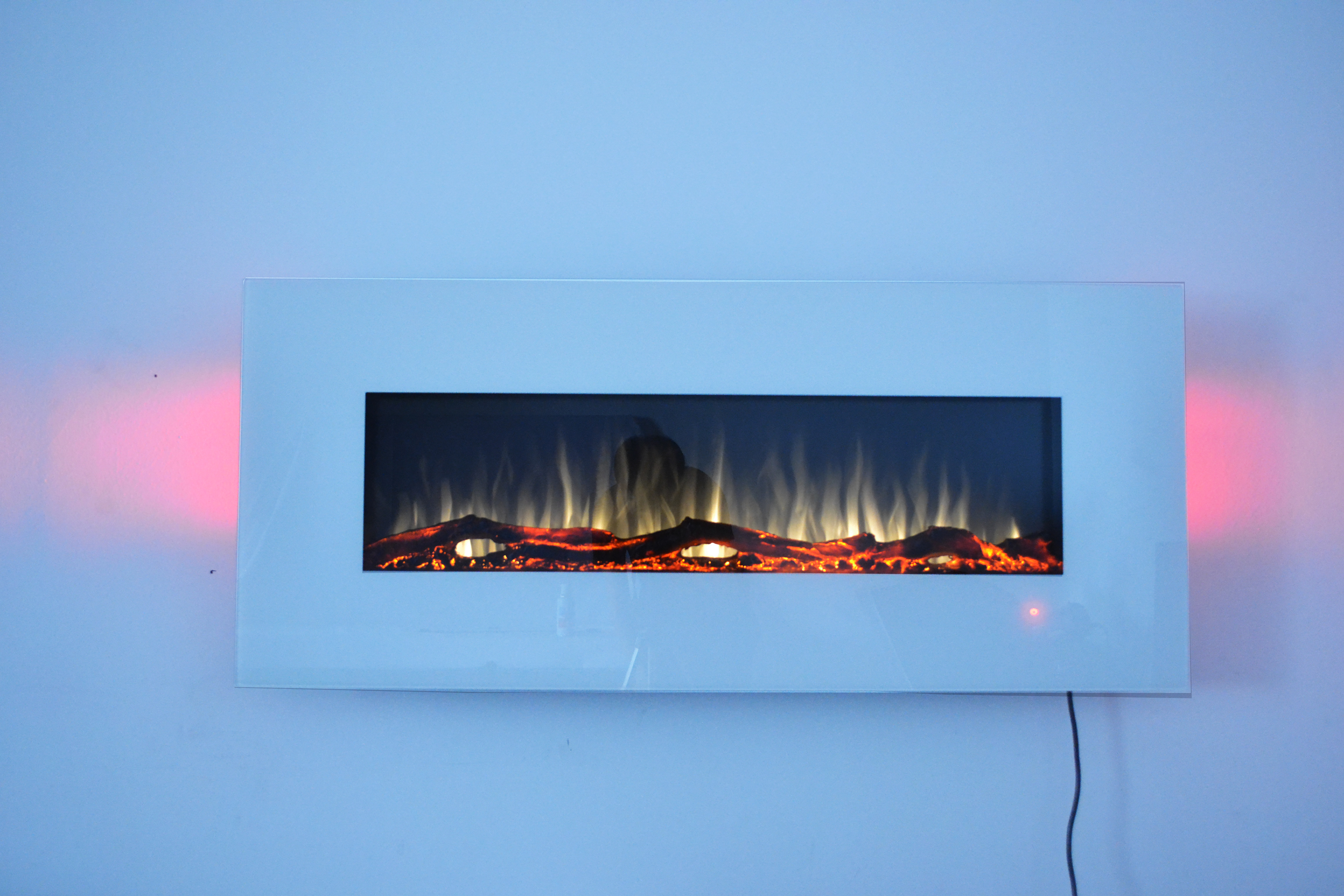 50inch White Wall Mounted Electric Fire with 10 colour Flames and side LEDs log yellow flames