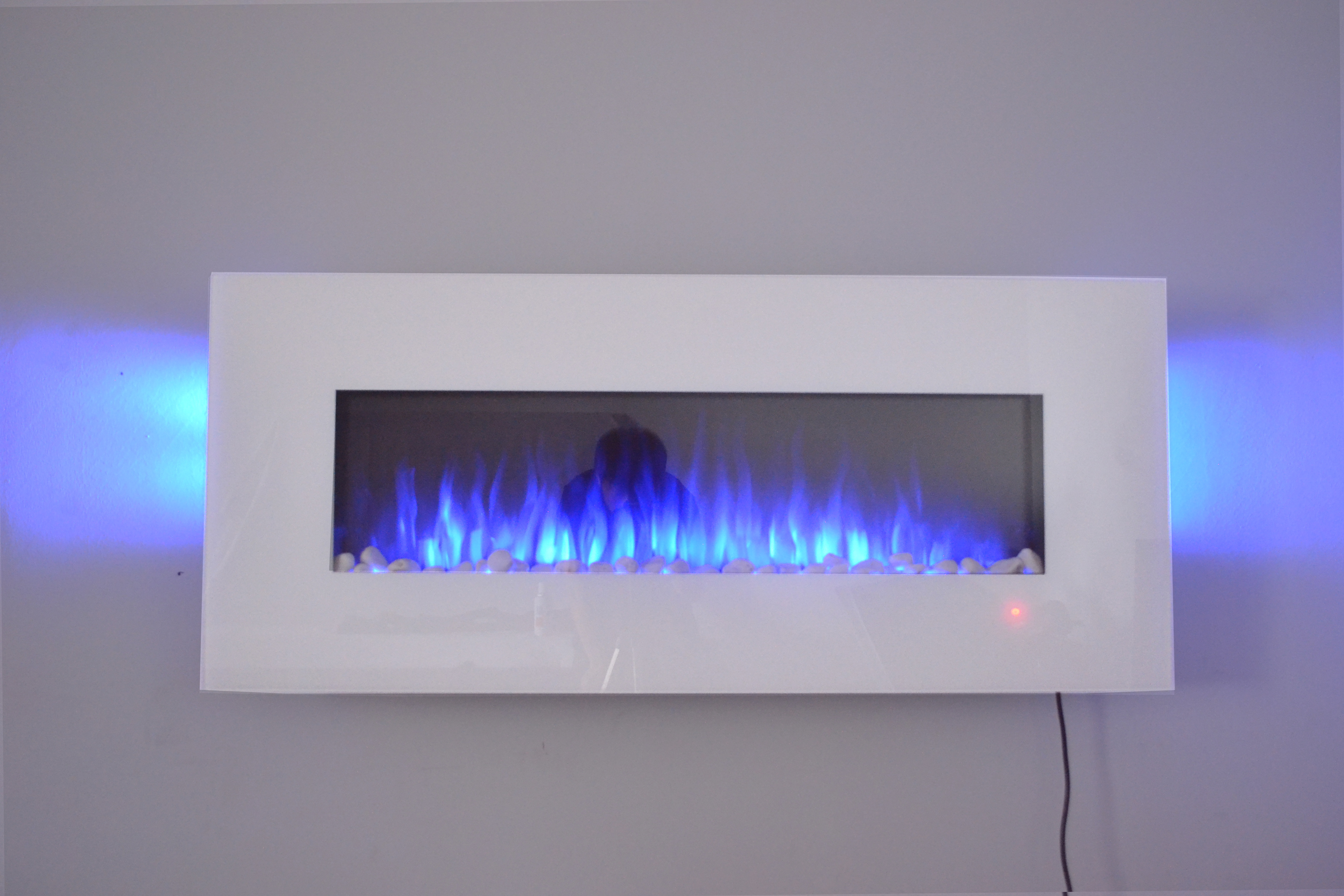 50inch White Wall Mounted Electric Fire with 10 colour Flames and side LEDs pebbles blue flame