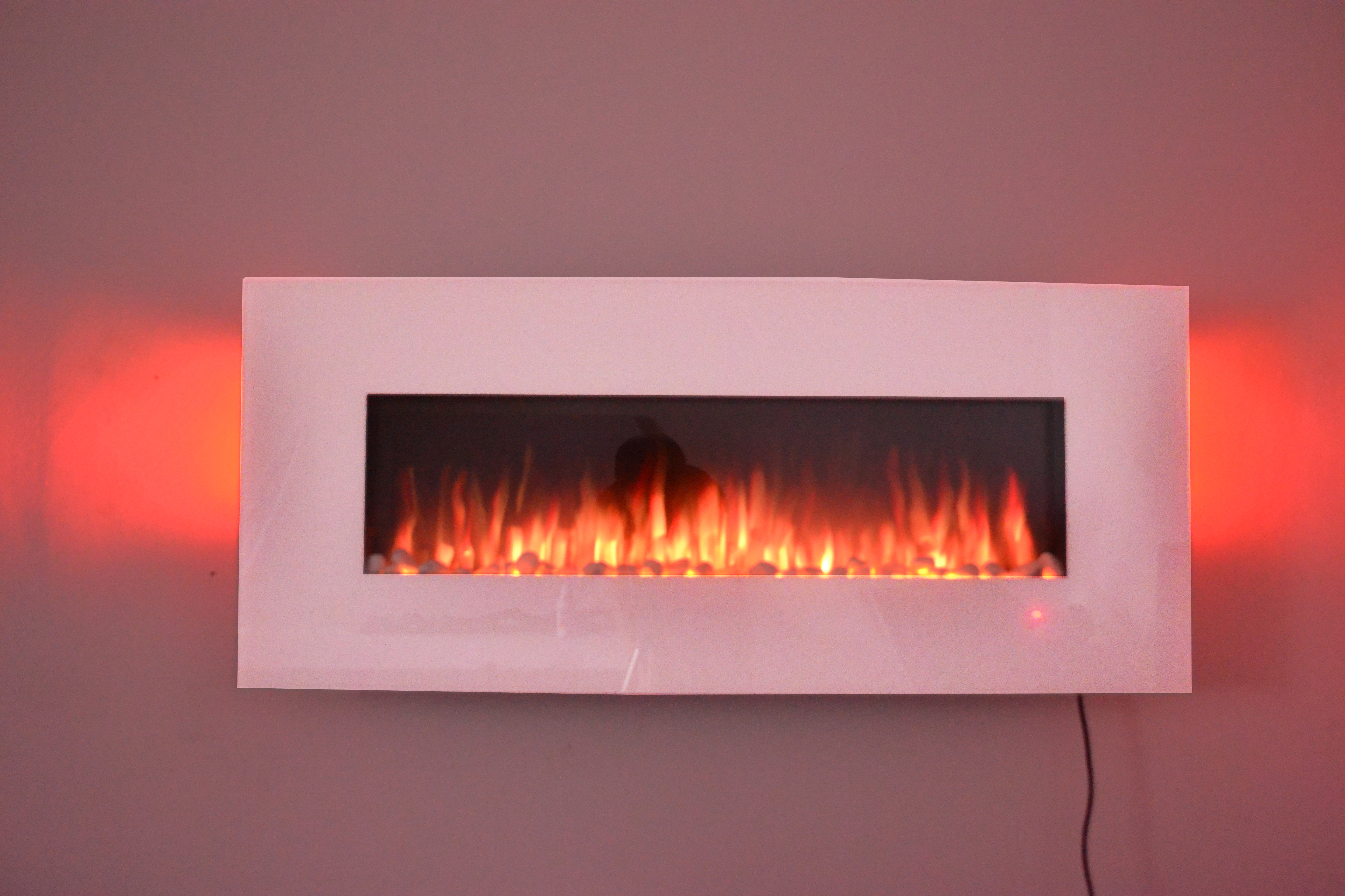 50inch White Wall Mounted Electric Fire with 10 colour Flames and side LEDs pebbles orange flame