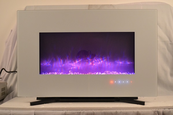 TruFlame 90cm White Wall Mounted Electric Fire with purple flames and crystals