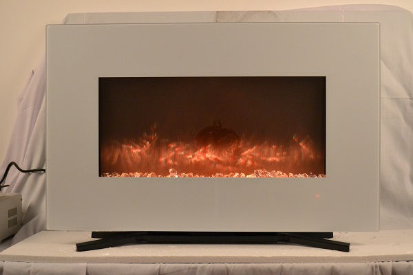 TruFlame 90cm White Wall Mounted Electric Fire with light orange flames and crystals