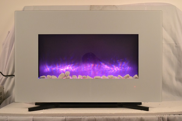 TruFlame 90cm White Wall Mounted Electric Fire with purple flames and pebbles