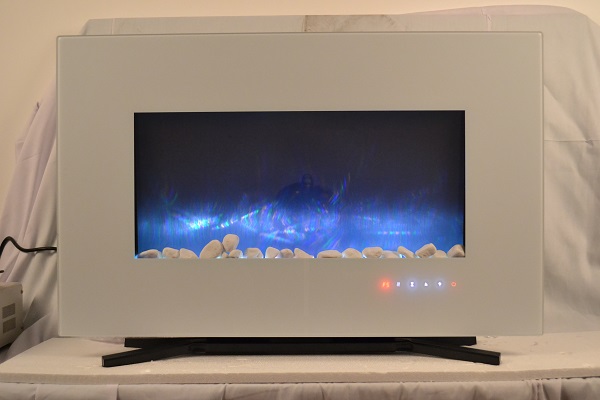 TruFlame 90cm White Wall Mounted Electric Fire with blue flames and pebbles