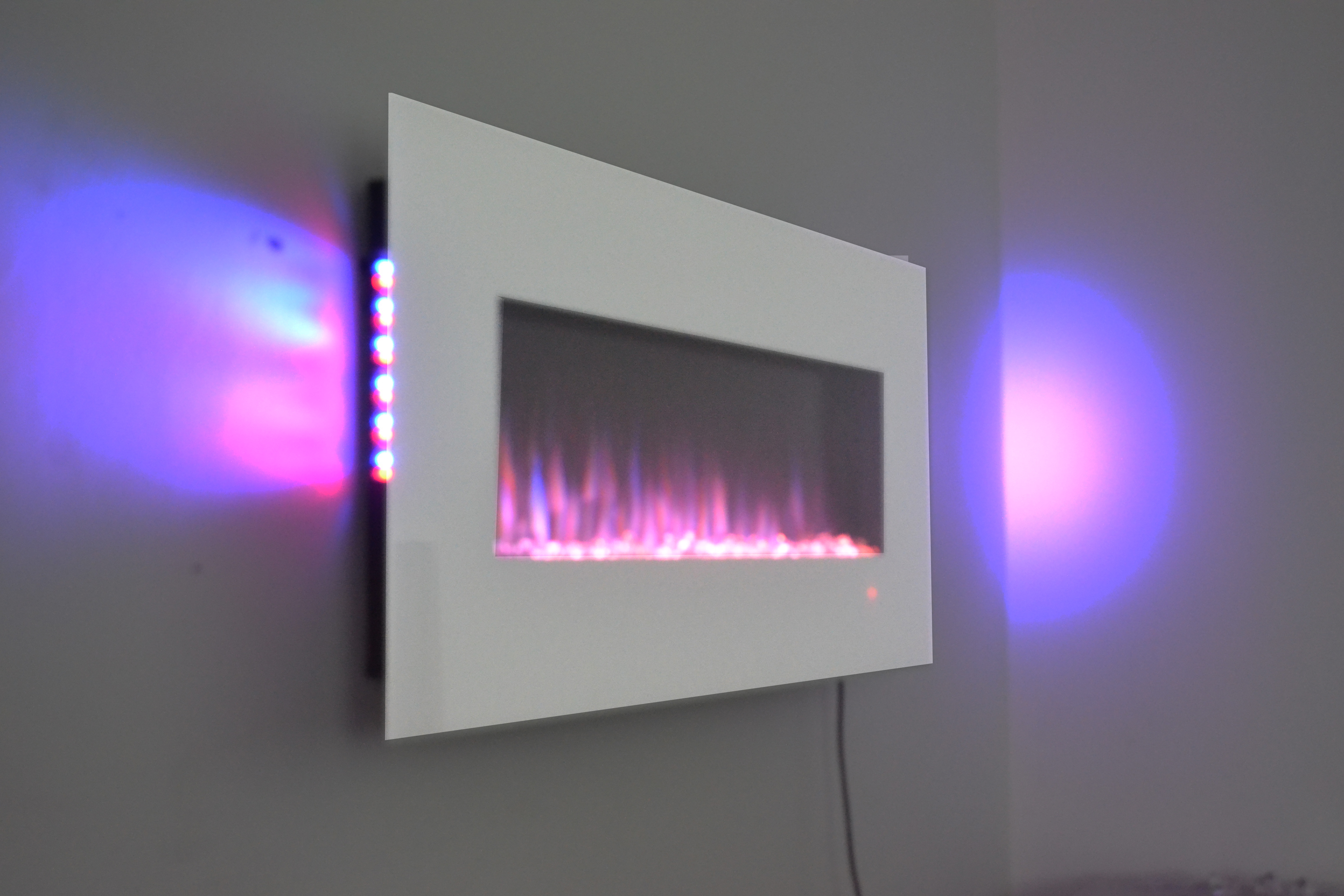 50inch White Wall Mounted Electric Fire with 10 colour Flames and side LEDs purple side