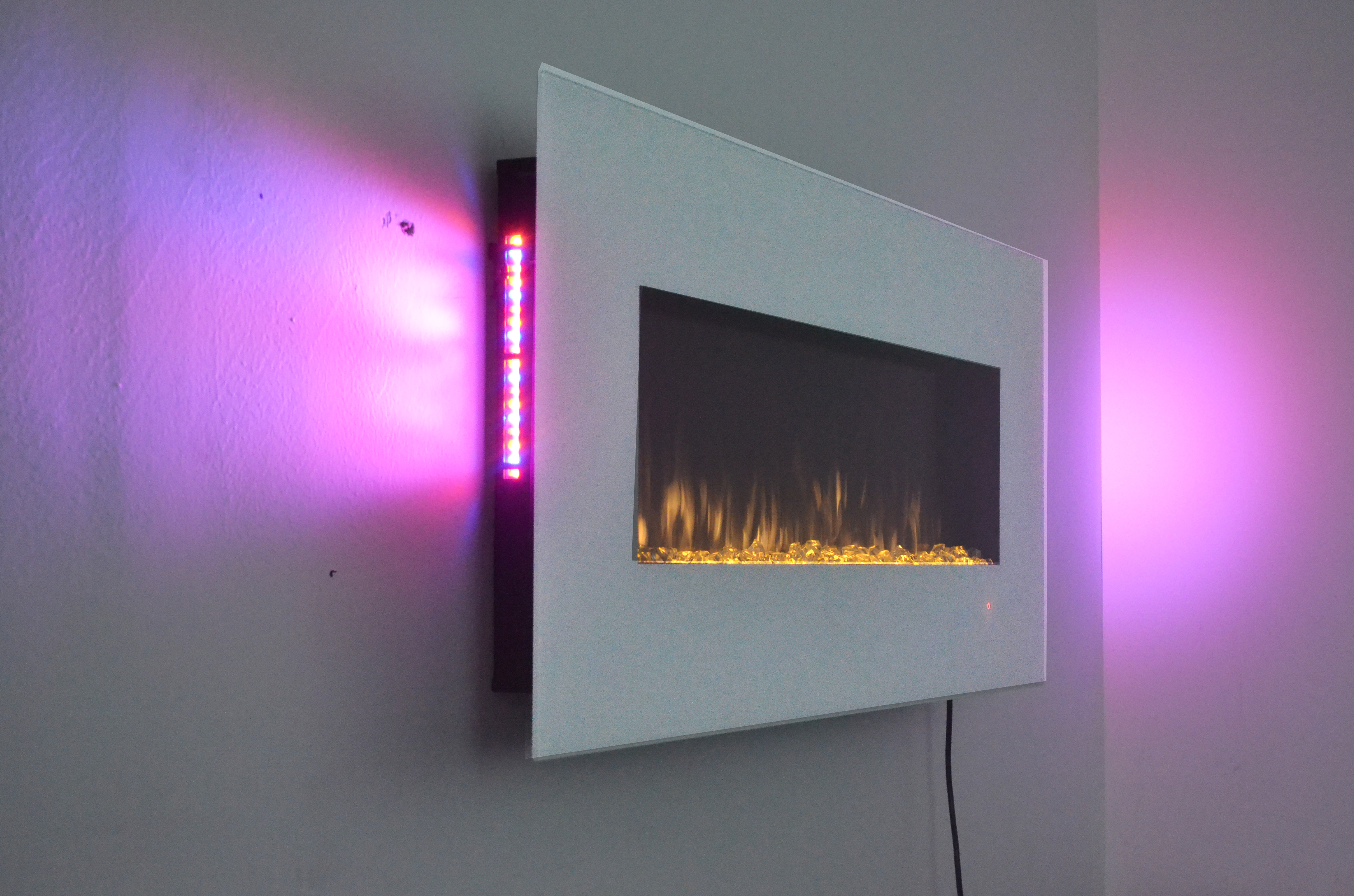 50inch White Wall Mounted Electric Fire with 10 colour Flames and side LEDs pink side LED