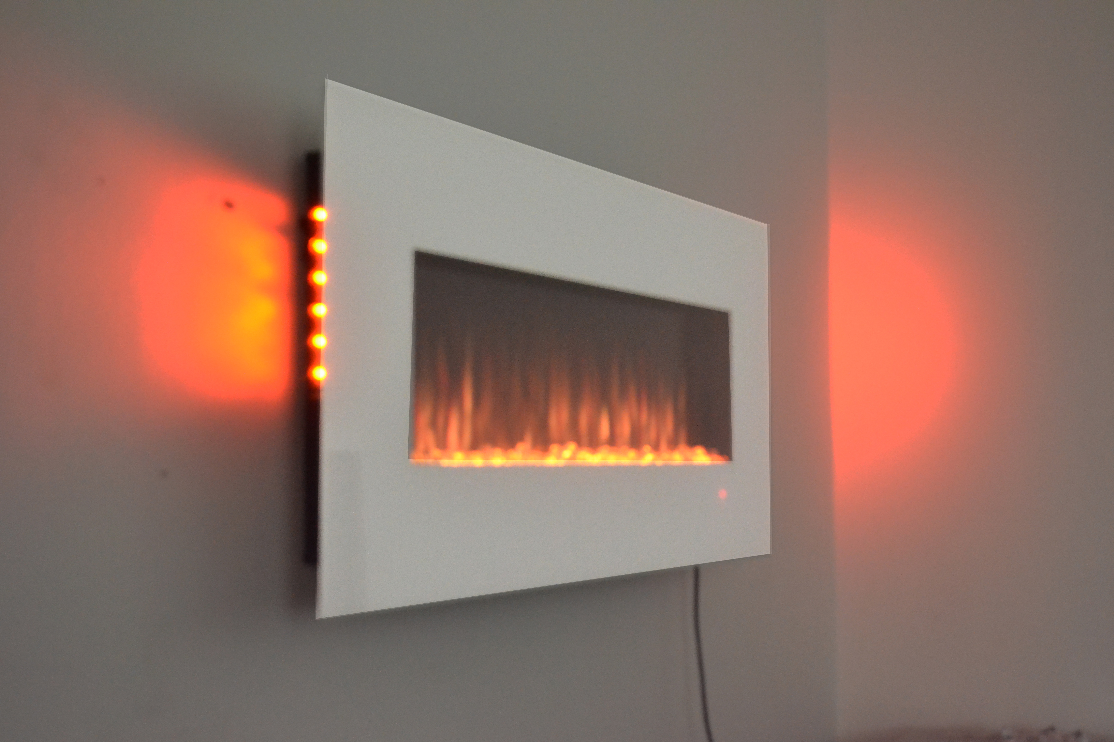 50inch White Wall Mounted Electric Fire with 10 colour Flames and side LEDs orange side