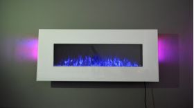 50inch White Wall Mounted Electric Fire with 10 colour Flames and side LEDs blue flames