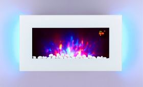TruFlame LED Side Lit (7 colours) Wall Mounted Flat White Glass Electric Fire with Log and Pebble Effect hung with purple leds