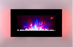 TruFlame LED Side Lit (7 colours) Wall Mounted Flat Glass Electric Fire with Log and Pebble Effect blue sides