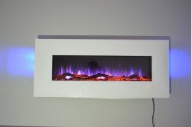 50inch White Wall Mounted Electric Fire with 10 colour Flames and side LEDs logs
