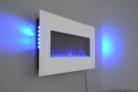 50inch White Wall Mounted Electric Fire with 10 colour Flames and side LEDs blue sides