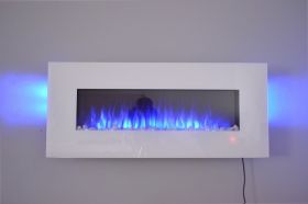 50inch White Wall Mounted Electric Fire with 10 colour Flames and side LEDs crystals