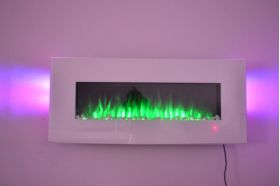 50inch White Wall Mounted Electric Fire with 10 colour Flames and side LEDs green flames