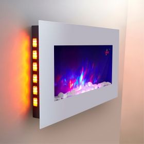 TruFlame LED Side Lit (7 colours) Wall Mounted Flat White Glass Electric Fire with Log and Pebble Effect hung on wall with logs